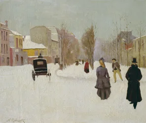 Französische Straßenszene mit Schnee
